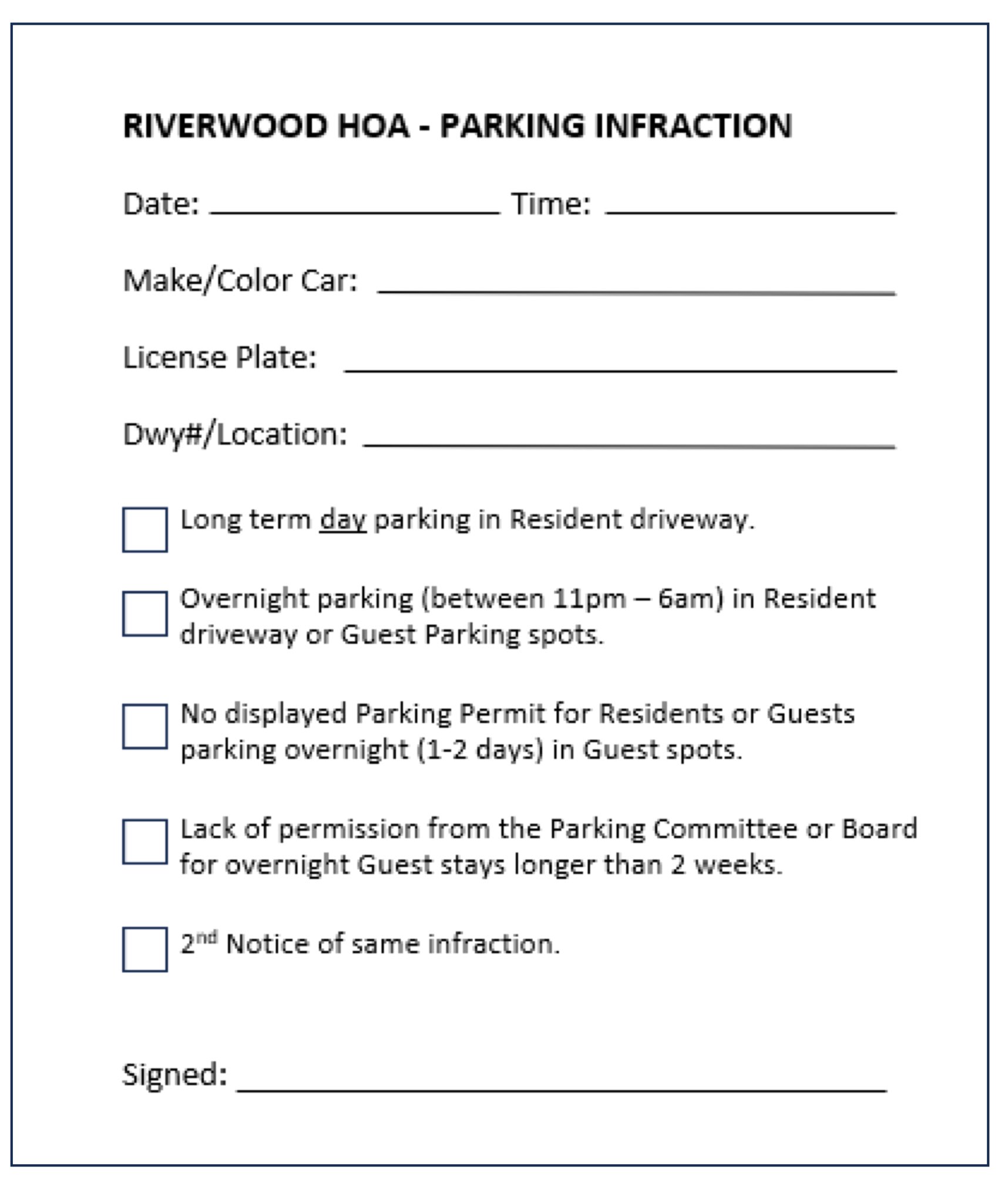 Policy Parking Regulations Riverwood Homeowners